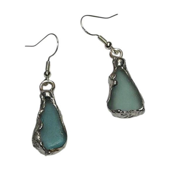 Handmade Sea Glass Earrings With Artisan Silver Blend Cabochons & 925 Hooks - Picture 10 of 13